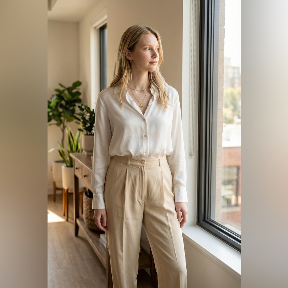 INC International Concepts Cream Blouse with Tan Trousers 100% Silk